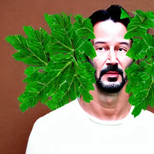 Prompt: keanu reaves face made of green leaves