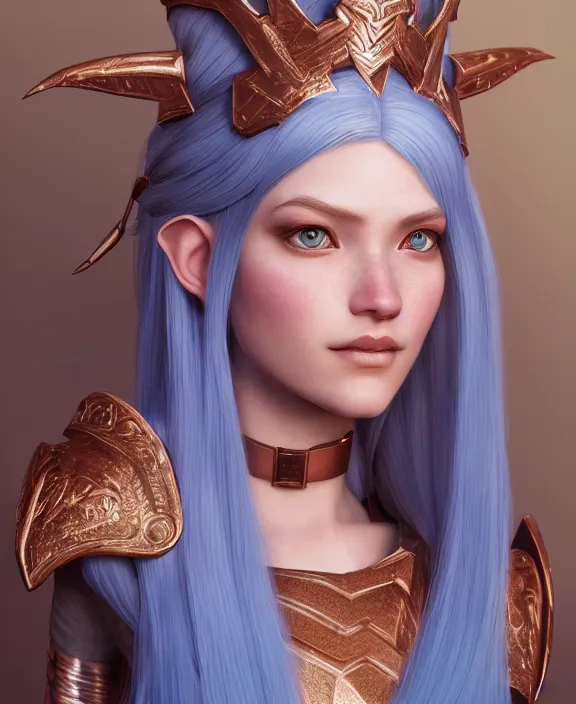 Image similar to a beautiful and highly detailed digital portrait of a dignified elf with long blue hair in rose gold armor by artgerm and lu ji, centered, artsation contest winner, cgsociety, fantasy art, cryengine, concept art, photorealism, daz 3 d, sketchfab, zbrush, vray