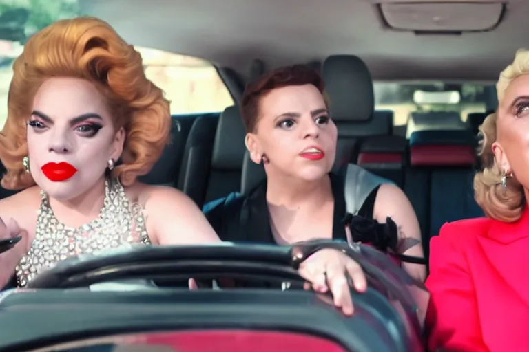 Prompt: lady gaga and judy garland in carpool karaoke, lady gaga, judy garland, red weapon 8 k s 3 5, cooke anamorphic / i lenses, highly detailed, cinematic lighting