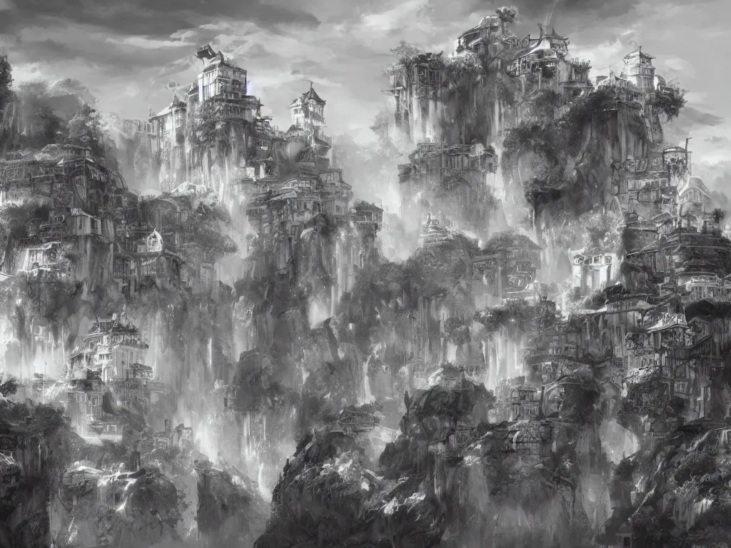 Image similar to impressive concept art of crooked ancient town, artstation, ink, black white, hills, waterfall, river, dominating palace with white walls on top of the hill