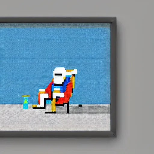 Image similar to a space man sat on a beach chair on the moon, pixel art