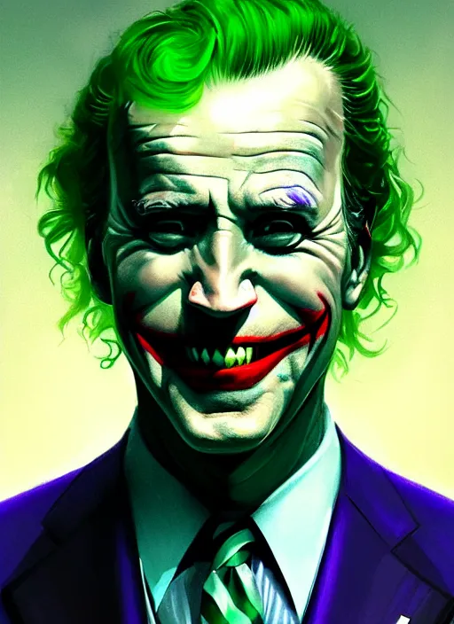 Image similar to portrait of joe biden as the joker, green hair, intricate, elegant, glowing lights, highly detailed, digital painting, artstation, concept art, sharp focus, illustration, art by wlop, mars ravelo and greg rutkowski