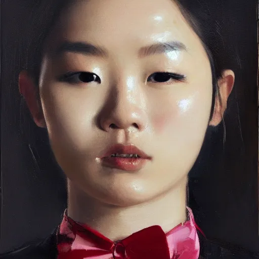Prompt: portrait of a beautiful korean girl wearing a men's tuxedo, with long hair and bangs, angular features, angry expression, oil on canvas, elegant pose, masterpiece, Jonathan Yeo painting