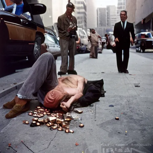 Image similar to Emaciated Donald Trump unconscious on skid row open air drug market overdose, 35mm, outdoors, kodachrome