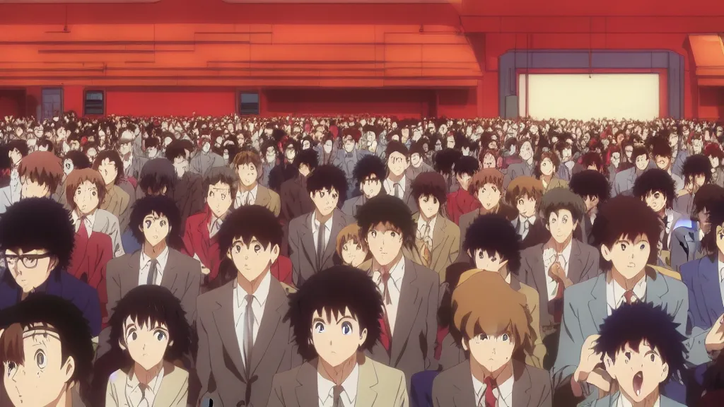 Image similar to people in a busy movie theatre, anime film still from the an anime directed by katsuhiro otomo with art direction by salvador dali, wide lens