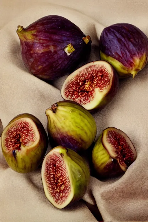 Image similar to Photo print of figs lying on a beige silk cloth, food photography, award winning, highly detailed, 4k, 1970s National Geographic.
