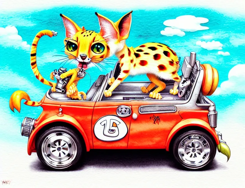 Image similar to cute and funny, serval riding in a tiny hot rod with oversized engine, ratfink style by ed roth, centered award winning watercolor pen illustration, isometric illustration by chihiro iwasaki, edited by range murata, tiny details by artgerm and watercolor girl, symmetrically isometrically centered