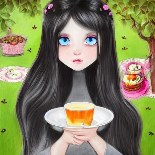 Prompt: A pale skin, long black hair, grey eyes girl wearing a black dress, having a tea party in a garden, 4k, digital art, trend in art station