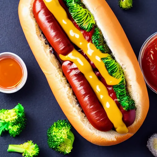 Image similar to photo shoot portrait of a delicious hot dog with mackerel, broccoli, ketchup and mustard, uhd, 8k, detailed,