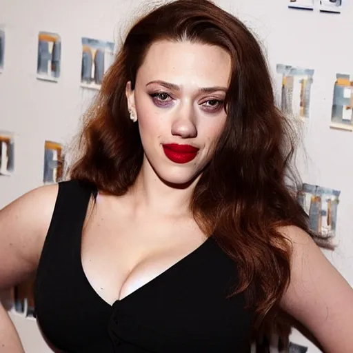 Image similar to a woman who is a genetic combination of kat dennings and scarlett johansson face and upper - body focus