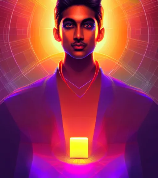 Image similar to symmetry!! indian prince of technology, solid cube of light, hard edges, product render retro - futuristic poster scifi, lasers and neon circuits, brown skin handsome indian prince, intricate, elegant, highly detailed, digital painting, artstation, concept art, smooth, sharp focus, illustration, dreamlike, art by artgerm