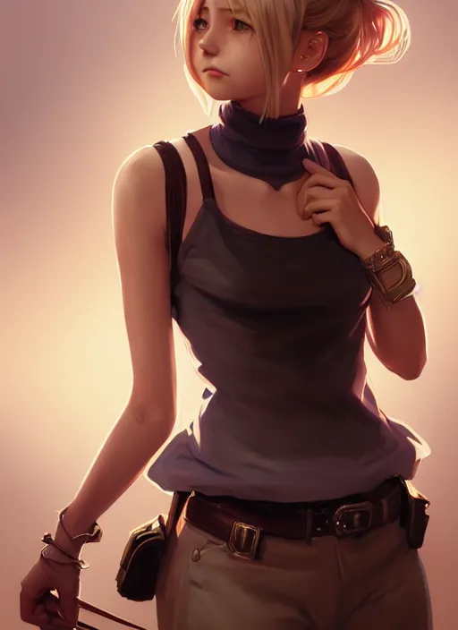 Image similar to portrait of a full body of beautiful young female detective, d & d, sleeveless turtleneck, fantasy, flat lighting, intricate, highly detailed, digital painting, artstation, concept art, smooth, sharp focus, illustration, misa amane, art by simon bisley and greg rutkowski and alphonse mucha, natural tpose