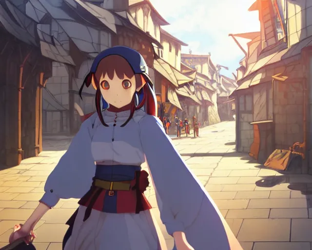 Prompt: anime visual, portrait of a young female walking through a busy medieval village, face by yoh yoshinari, murata range, last exile, blue submarine no 6, dynamic pose, muted colors, dynamic perspective, detailed silhouette, cel shaded anime