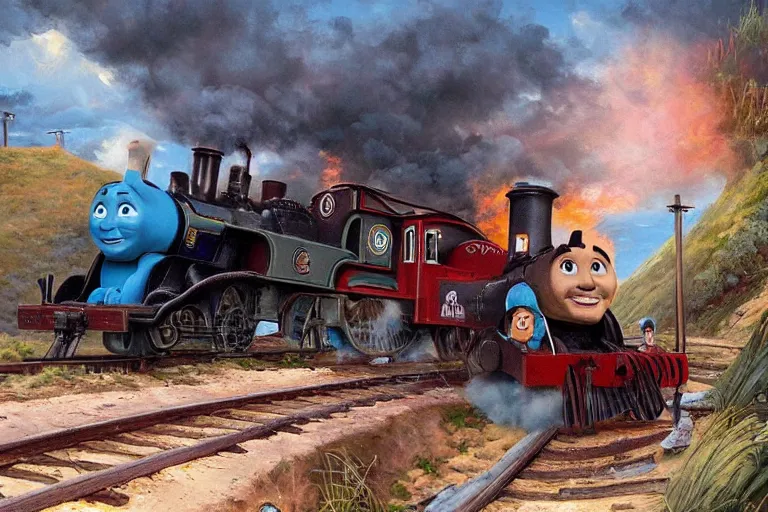 Image similar to danny trejo with a machete on the train tracks withthomas the tank engine, an oil painting by ross tran and thomas kincade