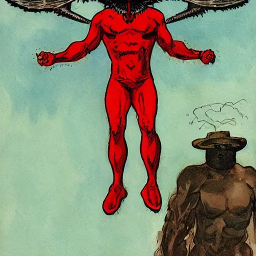 Prompt: ripped physique telekinesis man disguised as a mothman whilst wearing a fireman costume transmetropolitan jen bartel winslow homer darick robertson staedtler