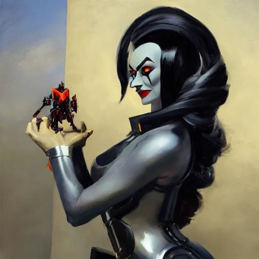 Image similar to greg manchess portrait painting of armored morticia from addams family as overwatch character, medium shot, asymmetrical, profile picture, organic painting, sunny day, matte painting, bold shapes, hard edges, street art, trending on artstation, by huang guangjian and gil elvgren and greg rutkowski