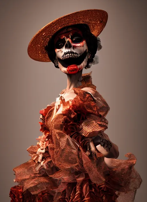 Image similar to a Photorealistic dramatic hyper realistic render of a glamorous Mexican Catrina, smoke by Ken Brower and Deborah Ory, Lois Greenfield, Beautiful dynamic dramatic dark moody lighting, volumetric, shadows, cinematic atmosphere, Octane render, 8K