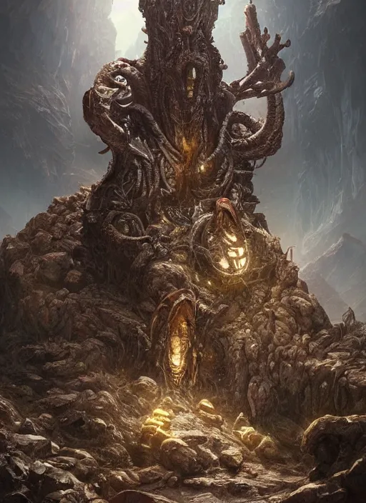 Image similar to hyper realistic photography of intricate horrific alien bone god sitting on ruined ornamented rock throne in a rocky cave detailed, greg rutkowski, ross tran, moebius, lovecraft, artstation, cgsociety