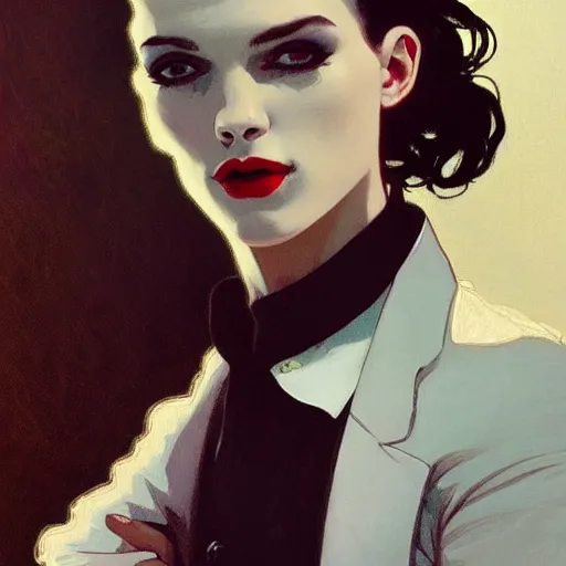 Image similar to comely portrait of androgynous ruby rose as desire from sandman in a white tuxedo!!!, rockabilly style,, by alphonse mucha, by jeremy mann, by peter lindbergh, dave mckean, by frank moth, white suit and black tie, soft lightning, high detailed, 8 k