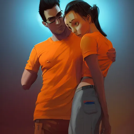 Image similar to man in orange t - shirt hugging girl, vivid colors, character sheet, fine details, concept design, contrast, kim jung gi, greg rutkowski, trending on artstation, 8 k, full body, turnaround, front view, back view, ultra wide angle