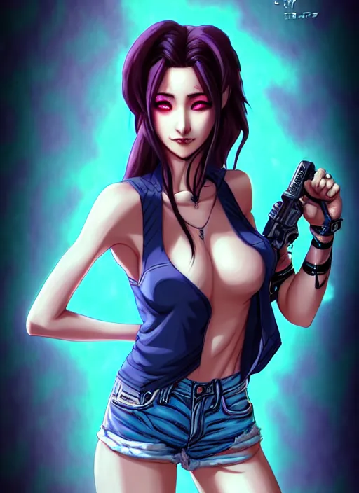 Image similar to a portrait of dilraba dilmurat as revy from black lagoon, smirk, black tank top, jean shorts, symmetrical eyes, symmetrical face, art by lois van baarle and loish and ross tran and rossdraws and sam yang and samdoesarts and artgerm, digital art, intricate, sharp focus, unreal engine 5