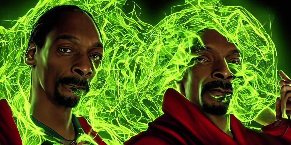 Prompt: snoop dogg doctor strange, smoke weed, marijuana, marijuana leaves, green light, highly detailed, environmental light, cinematic by francis tneh