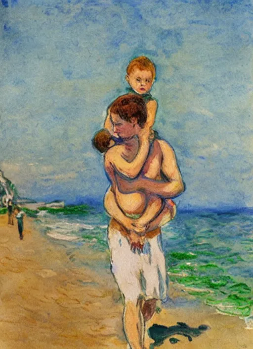 Prompt: a clothed man carrying his child over his shoulders walking near the beach, anatomically correct, watercolor by monet, masterpiece