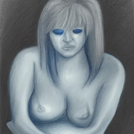 Prompt: abstract pencil drawing of a pregnant woman with blue hair