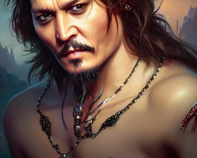 Image similar to photography of johnny depp, deep focus, d & d, fantasy, intricate, elegant, highly detailed, digital painting, artstation, concept art, matte, sharp focus, illustration, hearthstone, art by artgerm and greg rutkowski and alphonse mucha