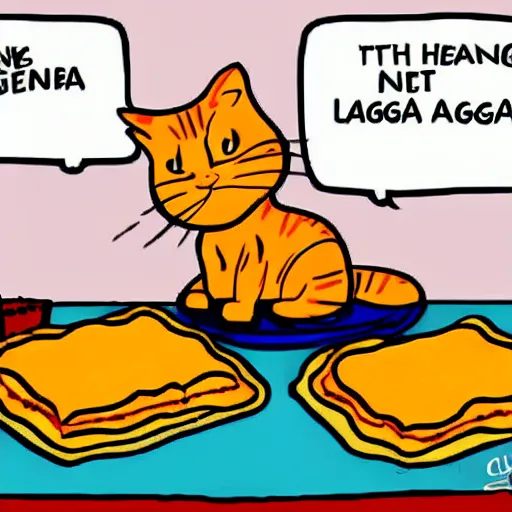 Image similar to fat orange tabby cat next to curly haired man and lasagna on table, by jim davis, garfield comic strip