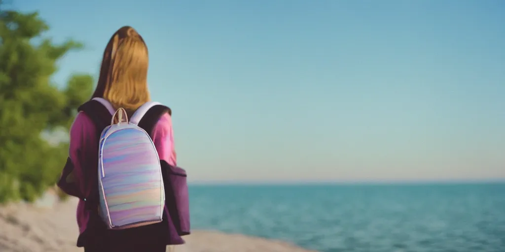 Prompt: photograph of a woman from the back standing by lake michigan wearing a backpack. pastel colors. kodak portra film!!. whirl bokeh!. mamiya 7. highly detailed. hq. photoreal. golden hour. lens flare. faded film. in - frame.