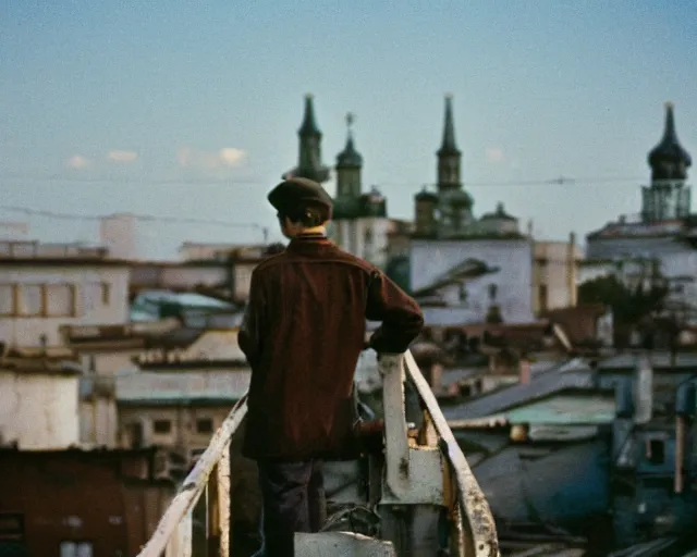 Image similar to lomo photo of man standing on the roof of soviet hrushevka, small town, cinestill, bokeh, out of focus