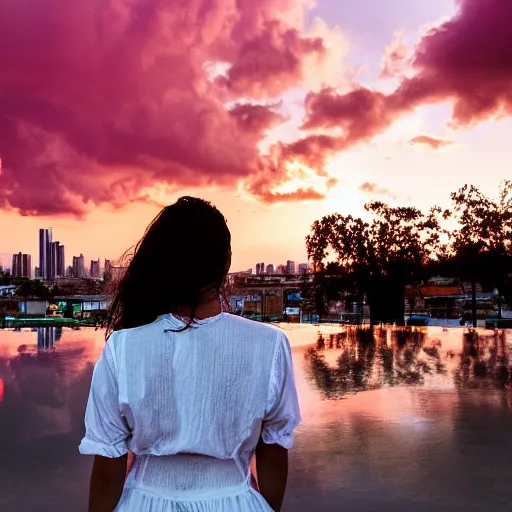 Image similar to cinematic scene of a young mexican woman wearing a wet short white dress and looking up to the raining sky smiling with her arms stretched out in a cyberpunk city at sunset,