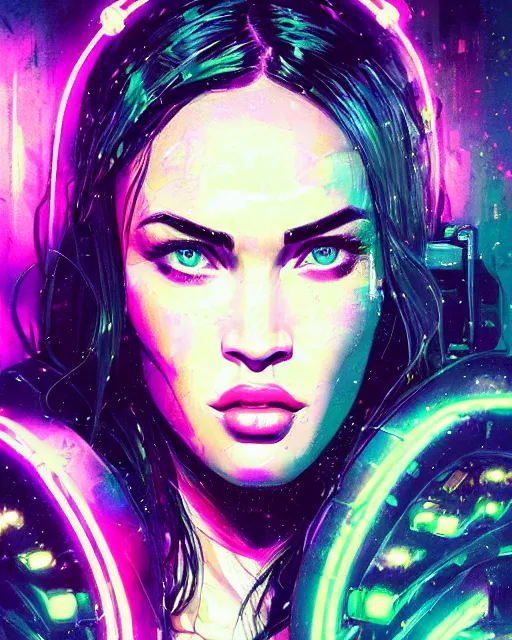 Image similar to detailed megan fox portrait neon operator girl, cyberpunk futuristic neon, reflective puffy coat, decorated with traditional japanese ornaments by ismail inceoglu dragan bibin hans thoma greg rutkowski alexandros pyromallis nekro rene maritte illustrated, perfect face, fine details, realistic shaded, fine - face, pretty face