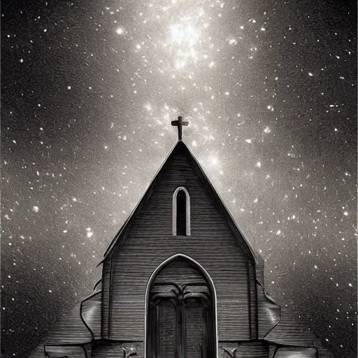 Prompt: a funeral at a church built out of coal, trenchant burning embers and a shroud covered with mournful stars above the casket, digital art