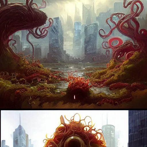 Image similar to bob ross monster with disgusting tentacles, destroying a cityscape, 8 k, highly detailed, digital painting, unreal engine tech demo, vivid colors, artstation, art by artgerm and greg rutkowski and alphonse mucha