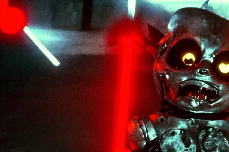 Image similar to Terminator Pikachu scene where his endoskeleton gets exposed and his eye glows red, still from the film Terminator Pikachu