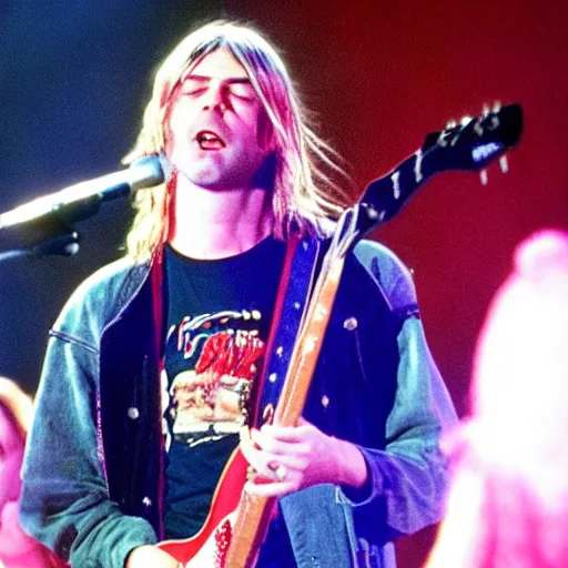 Prompt: Kurt Cobain (Nirvana) on stage at a concert at 52 years old, 2022, alternate reality picture