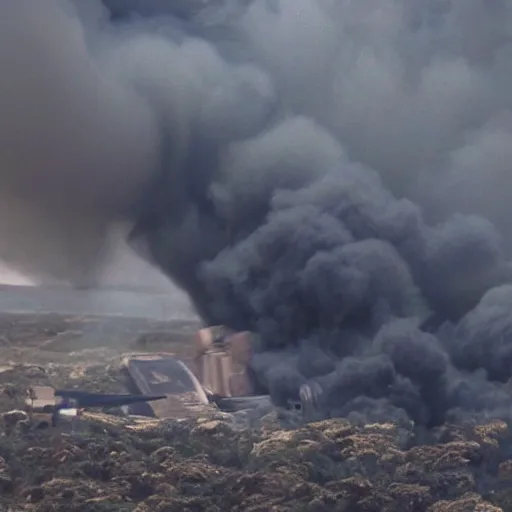 Image similar to still photo of the smoke monster from the television show called lost hovering above a crashed airplane. realistic, highly detailed, 8 k, cinematic