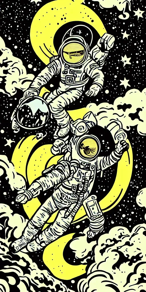 Image similar to neon!!!!, full color, mcbess poster , astronaut drifting into a black hole