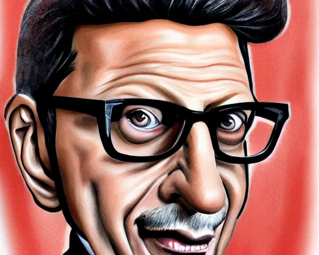 Image similar to a caricature art portrait of jeff goldblum, in the style of sebastian kruger, high def, detailed, art, fine art, sharp focus, highly detailed