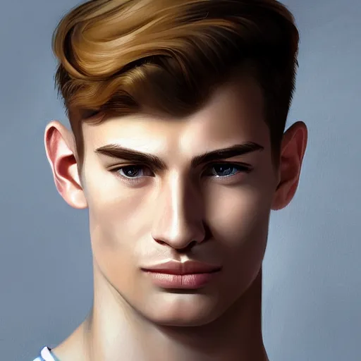 Image similar to man in his twenties with brown blond short quiff hair and thin slightly round facial structure with cleft chin, straight eyebrows and prominent nose, good definition of cheekbones, big hazel nut brown eyes, narrow face, slim body, atmospheric lighting, painted, intricate, 4k, highly detailed by Charlie Bowater