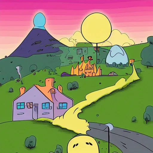 Image similar to hill with house, adventure time cartoon, adventure time style, adventure time by adam muto