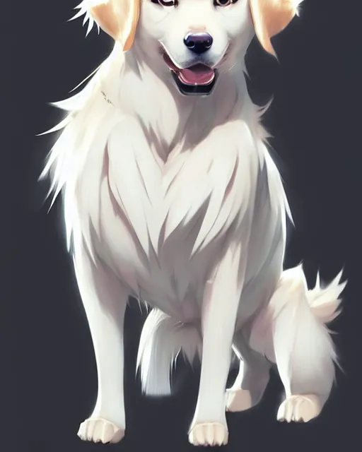 Image similar to character concept art of an anime white golden retriver | | cute - face, fine details by stanley artgerm lau, wlop, rossdraws, james jean, andrei riabovitchev, marc simonetti, and sakimichan, tranding on artstation