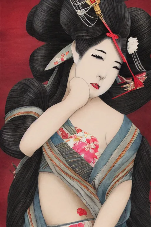 Image similar to extremely sensual geisha full body, seductive pose, full body, digital art, 8k, character, realistic, portrait, photorealism, japan watercolour, masterpiece art