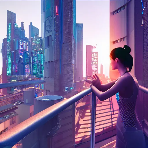 Prompt: young woman looking at the skyline of a cyberpunk city from a balcony, intricate artwork by Tooth Wu and wlop and beeple, octane render, hyper realism, 8k