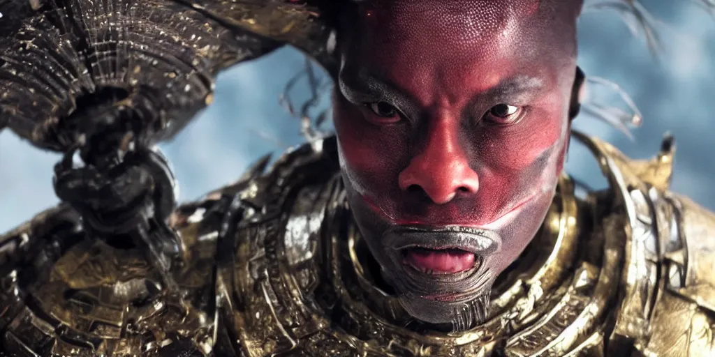 Image similar to a film still of a black man starring in a japanese blockbuster film as yoshimitsu, shallow depth of field, cinematic, award winning cgi, vfx, film still
