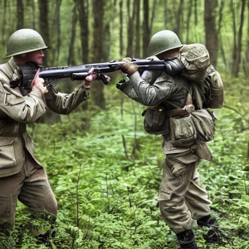 Image similar to ww 2 battlefield encounter in the woods between 2 american soldiers and a german soldier