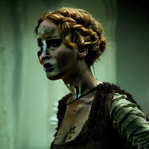 Image similar to jennifer lawrence as frankenstein's monster, color photography, sharp detail, still from the movie