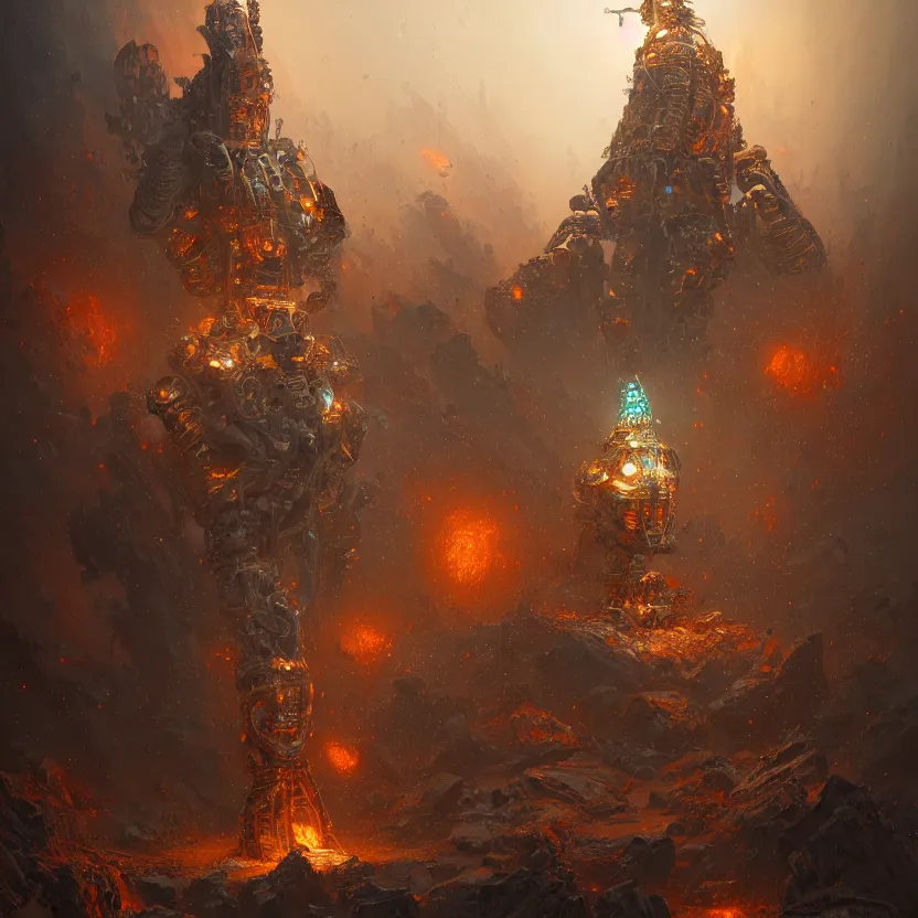 Prompt: ultra realist intricate mechanical robot volcano tiki god, art style greg rutkowski, craig mullins, mohrbacher, zaha hadid, hiraku tanaka, exuberant, elite, elegant, extravagant, cgsociety, ambient key art, octane rendering, unreal engine, weta digital, structures ray tracing